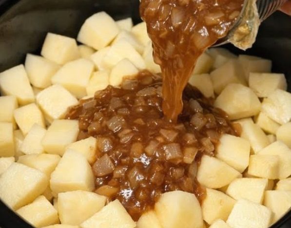 Pour condensed french onion soup over raw diced potatoes, paired with 3 more items, into slow cooker for a cozy supper that disappears faster than anything else