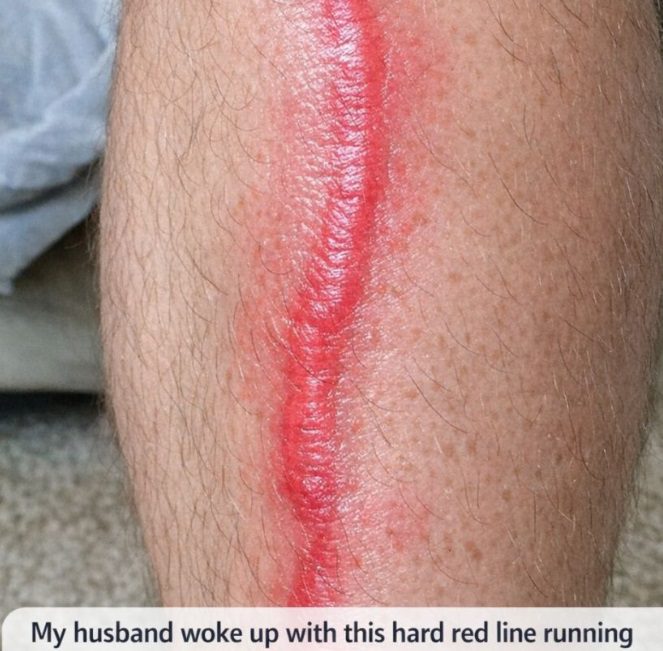 My husband woke up with this hard red line running down his leg. It feels warm to the touch and he’s in pain. ER wait time is 8 hours. Is this serious?