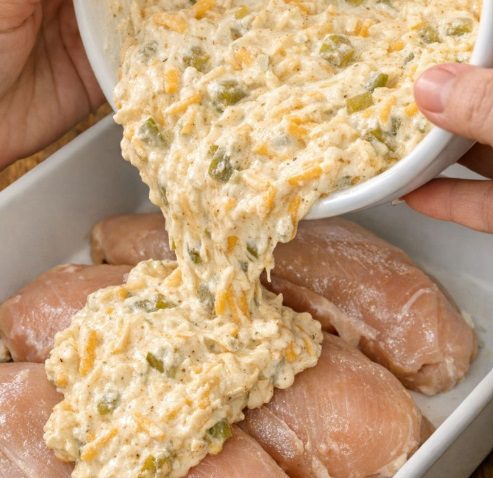 Pour this 1 creamy mixture over chicken breasts into a baking dish for an easy oven meal that’s shockingly craveable