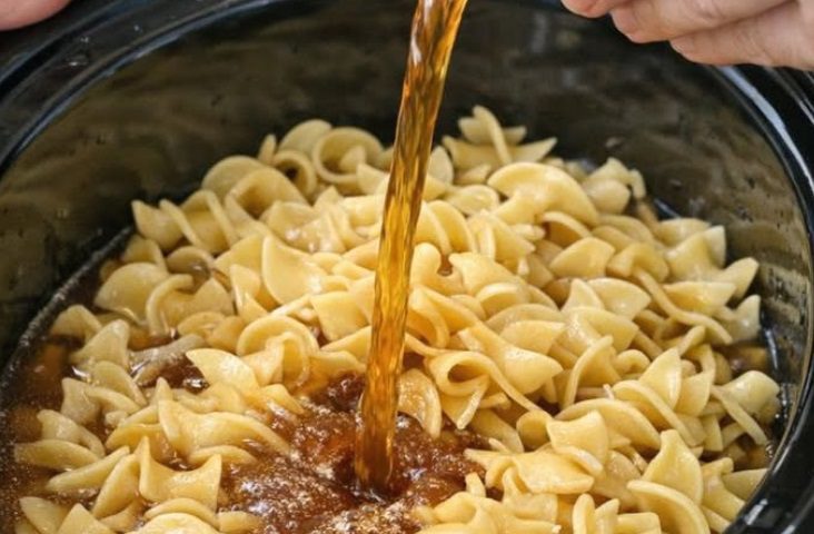 Pour store-bought beef broth and these 5 ingredients over egg noodles into a slow cooker for a cozy dinner you’ll want again and again