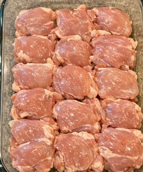 Toss raw boneless skinless chicken thighs in the clear glass 9×13 baking dish and 3 other simple items to get a meal so amazing your friends will be begging for more!