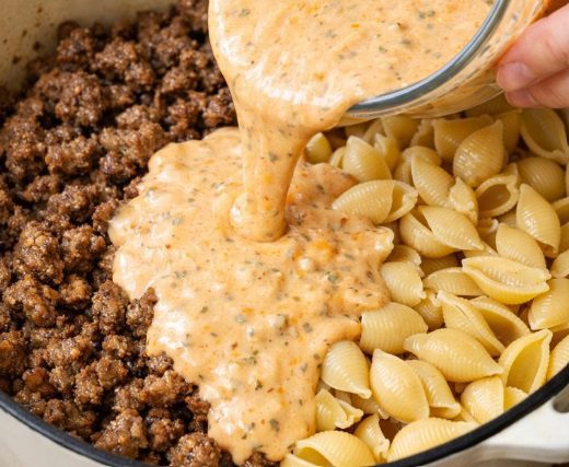 Pour this 1 creamy liquid over browned ground beef and uncooked pasta shells into a dutch oven for a one-pot dinner that keeps you full longer than ex