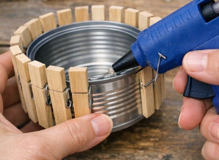Lady glues 40 wooden clothespins around tuna can. You won’t believe how fast this is spreading!