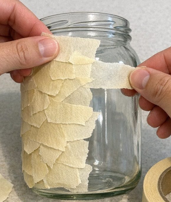 Tear masking tape over an empty glass jar. This might be the prettiest thing you make this fall