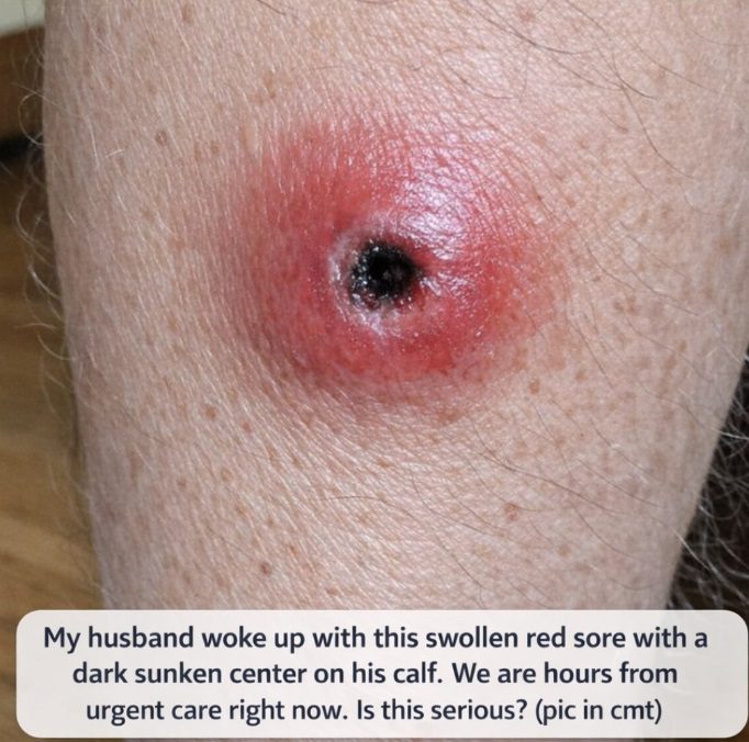 My husband woke up with this swollen red sore with a dark sunken center on his calf. We are hours from urgent care right now. Is this serious?