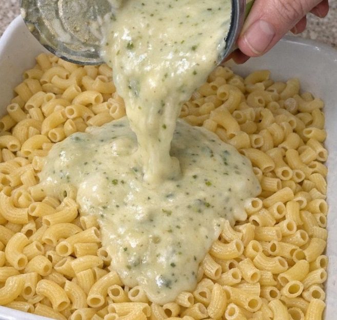 Pour cream of broccoli soup and these 3 ingredients over elbow macaroni into a casserole dish for a cozy meal everyone keeps requesting