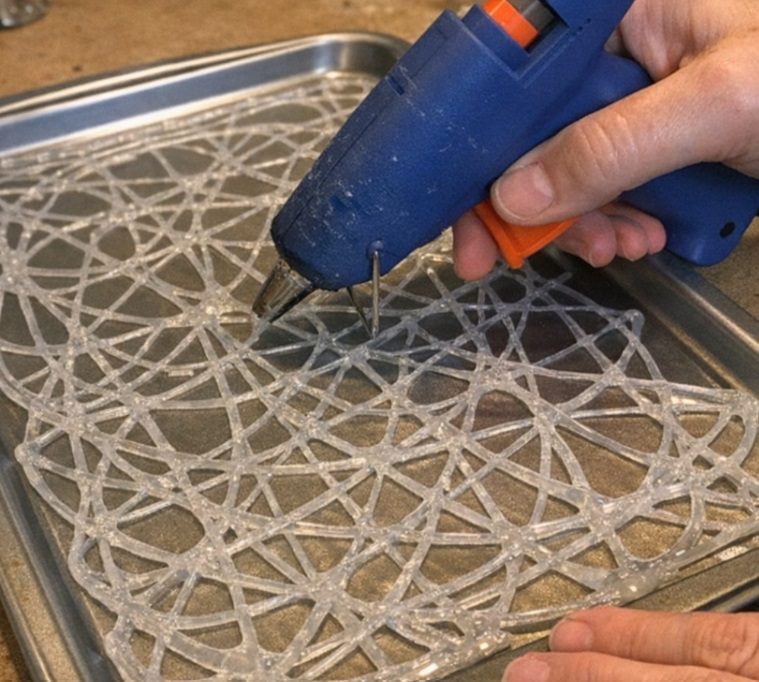Scribble hot glue all over a dollar store baking sheet, and the end result is mind-blowing
